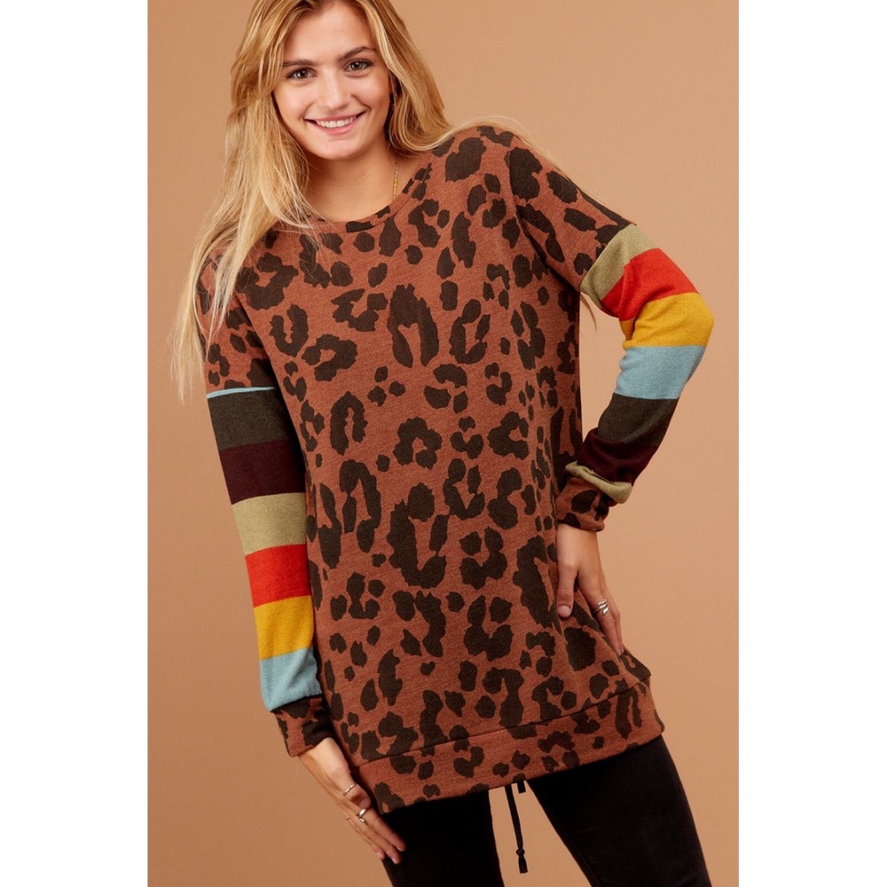 🖤🐆 Brown Animal Print Stripe Sleeve Sweater 🐆🖤